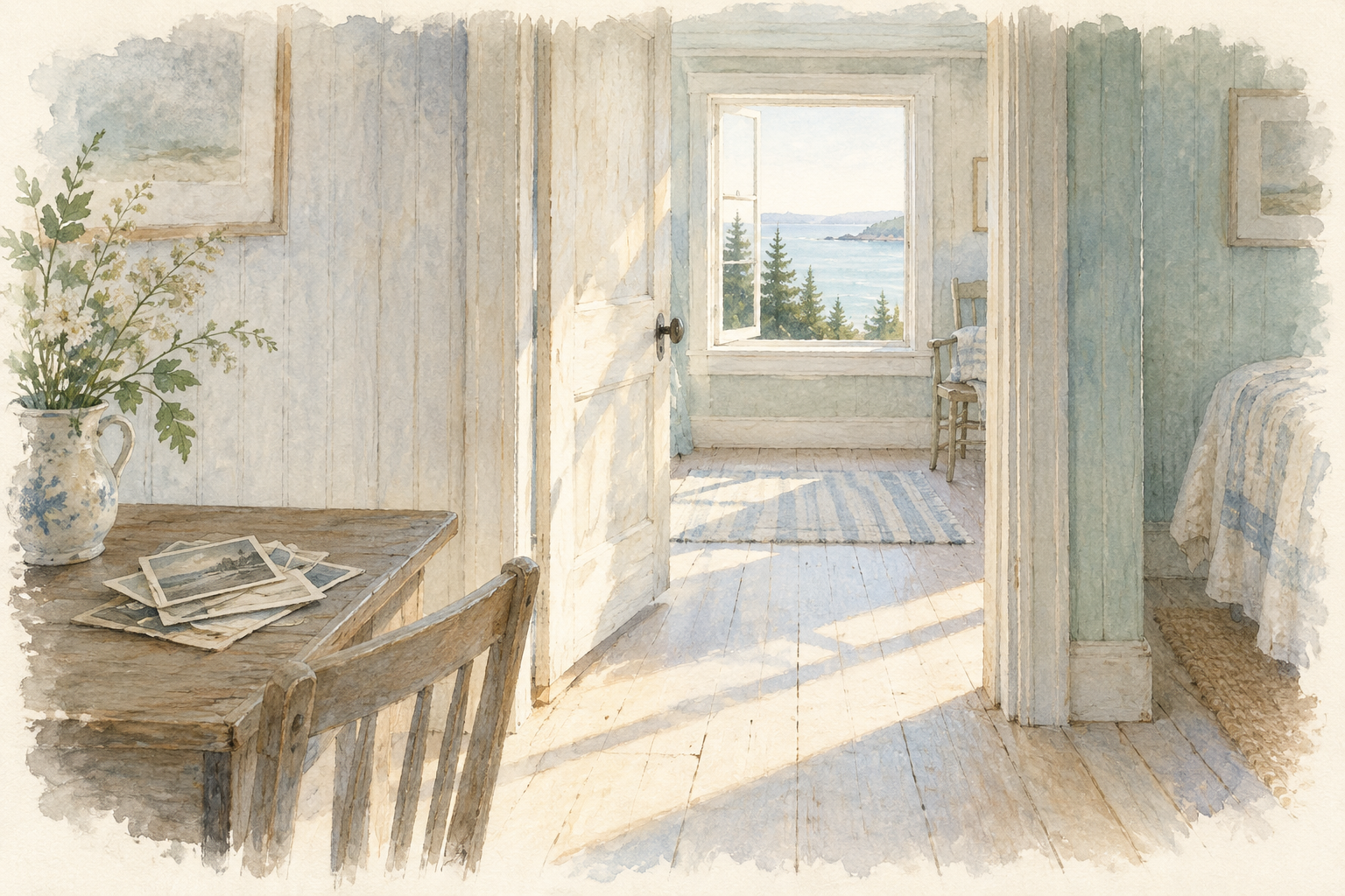 Watercolor of a sunlit doorway, old photographs, and a view of the coast