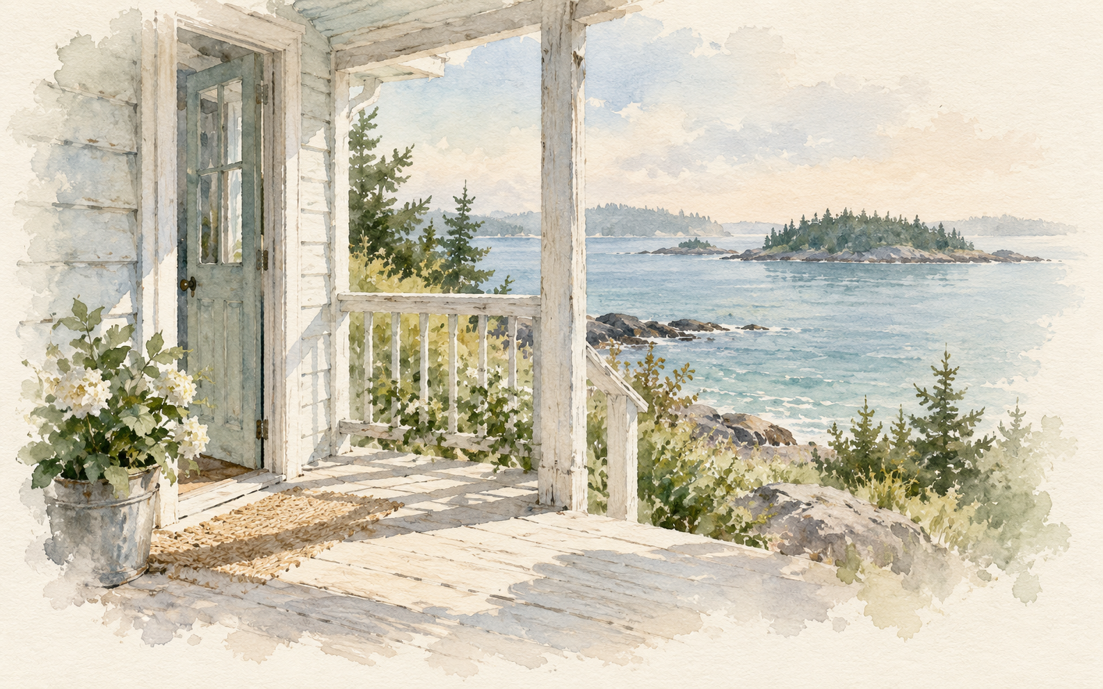 Watercolor of an open porch overlooking the Maine coast