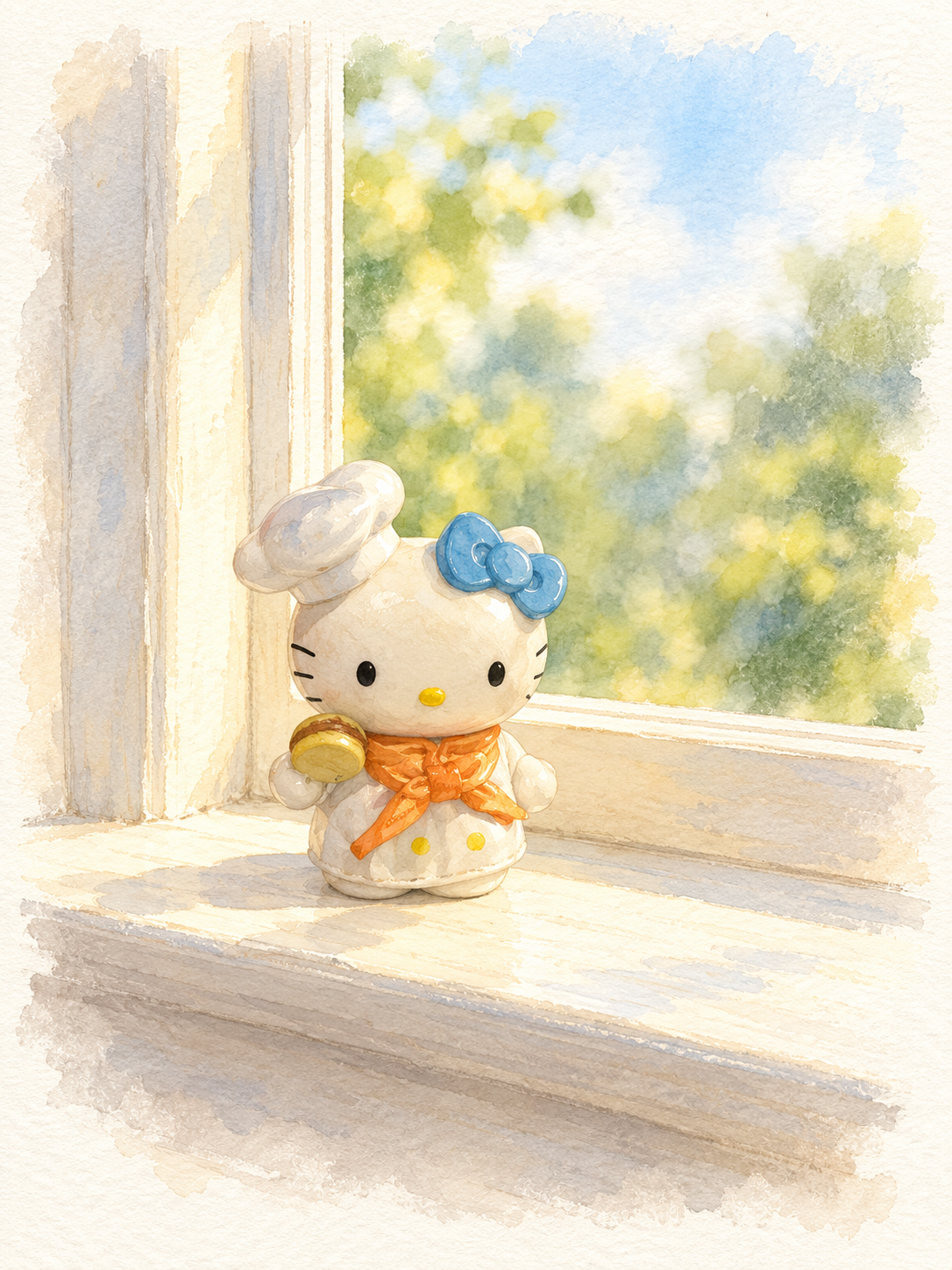 Watercolor of a Hello Kitty Chef figurine on a sunlit kitchen windowsill