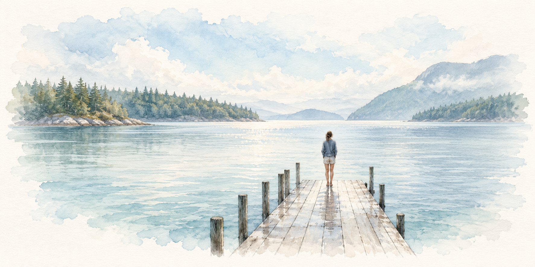 Watercolor of a woman looking across the water from a wooden dock