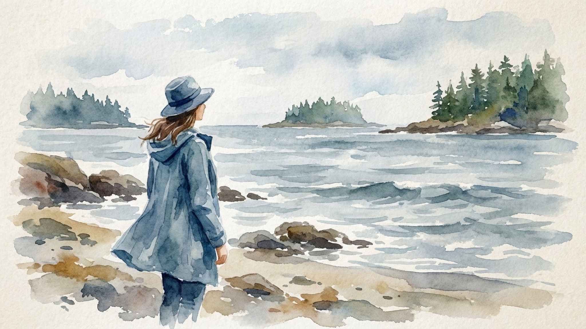 Watercolor of a woman looking across the Maine coast